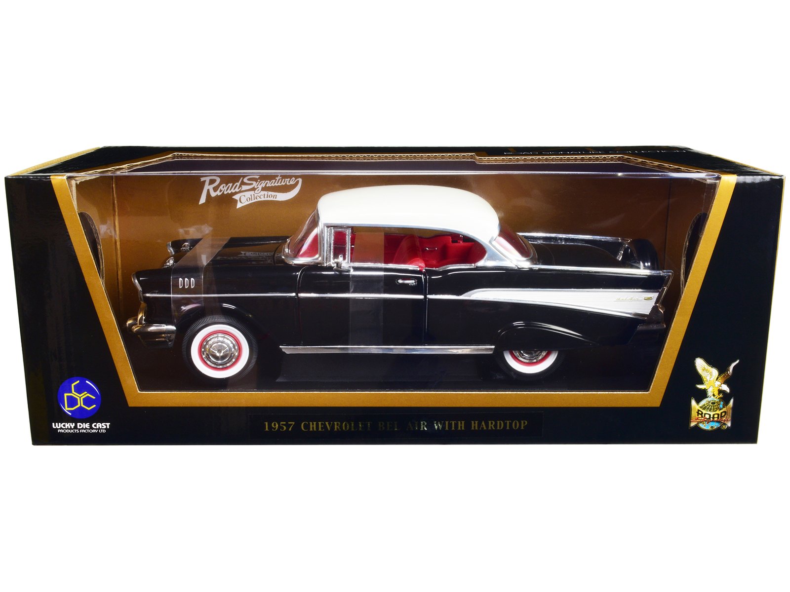 1957 chevrolet bel air hardtop black with white top and red interior 1/18 diecast model car by road signature 1957 chevrolet bel air hardtop black with white top and red interior 1/18 diecast model car by road signature