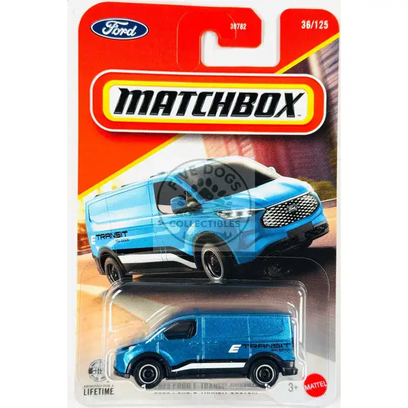 Blue Ford Transit toy van by Matchbox in original packaging.