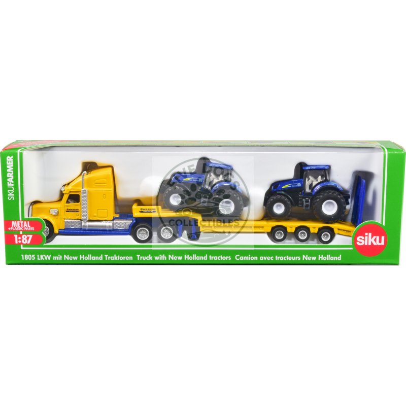 tractor truck yellow with 2 new holland t7070 tractors blue 1/87 (ho) diecast models by siku