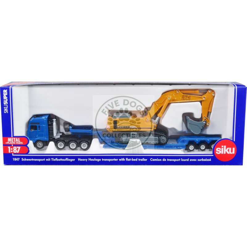 heavy haulage flatbed transporter blue and liebherr 974 litronic excavator yellow 1/87 (ho) diecast models by siku