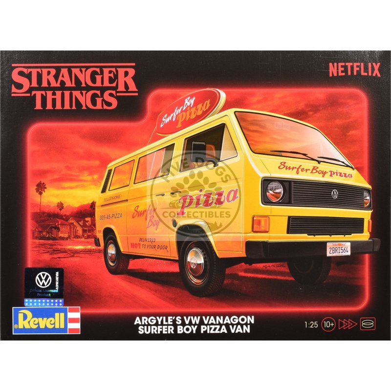 level 3 model kit argyle’s volkswagen vanagon "surfer boy pizza" van "stranger things" (2016 current) tv series 1/25 scale model by revell