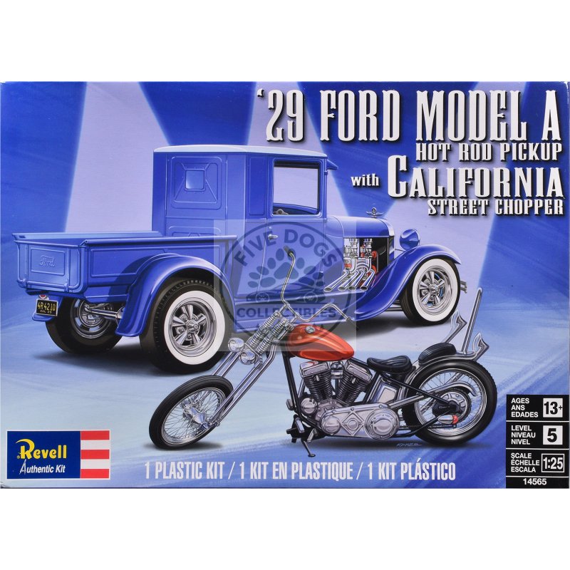level 5 model kit 1929 ford model a hot rod pickup truck and california street chopper motorcycle 1/25 scale model by revell