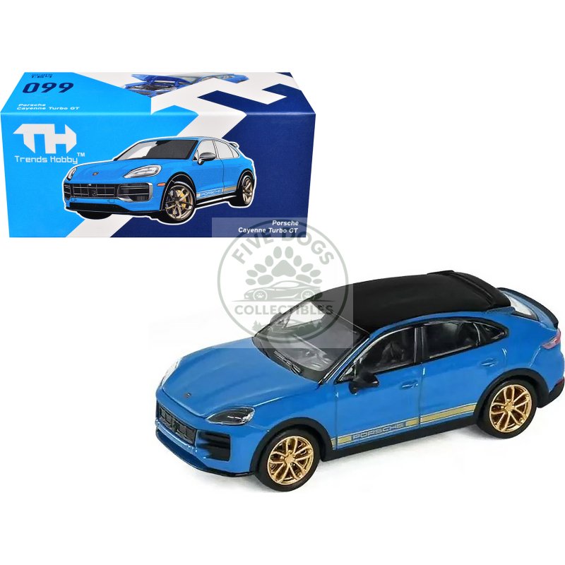 porsche cayenne turbo gt blue with black top and gold stripes 1/64 diecast model car by trends hobby