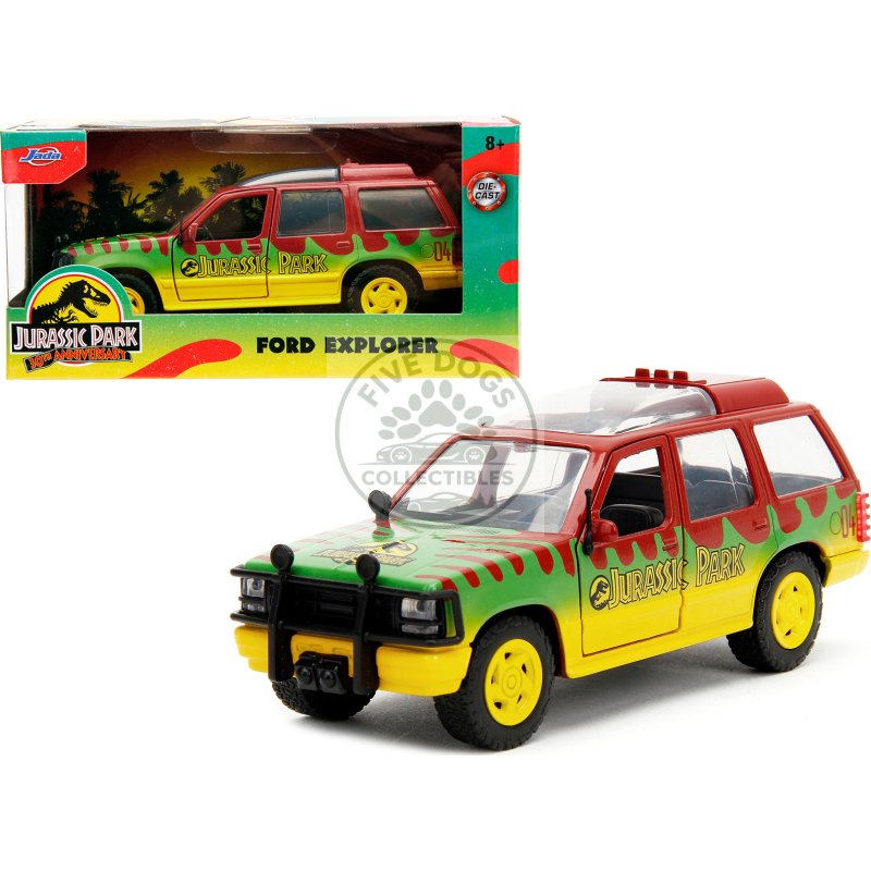 ford explorer red and yellow with green graphics "jurassic park" (1993) movie 30th anniversary "hollywood rides" series 1/32 diecast model car by jada