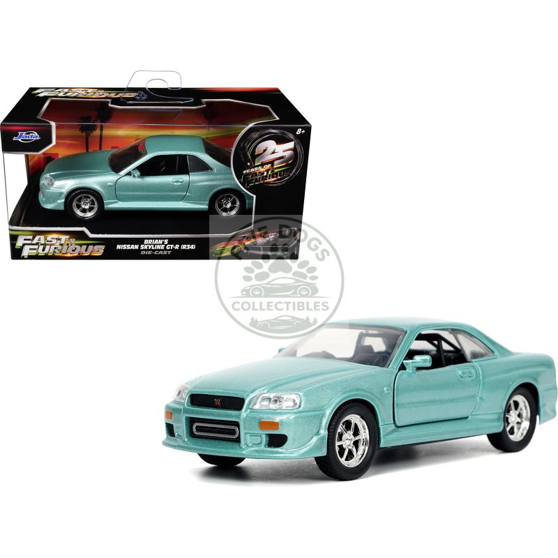 brian's nissan skyline gt r (bnr34) rhd (right hand drive) turquoise metallic "fast & furious" movie 1/32 diecast model car by jada