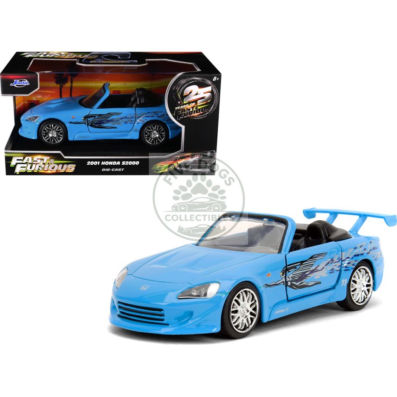 2001 honda s2000 convertible blue with graphics "fast & furious remix 25th anniversary" series 1/32 diecast model car by jada