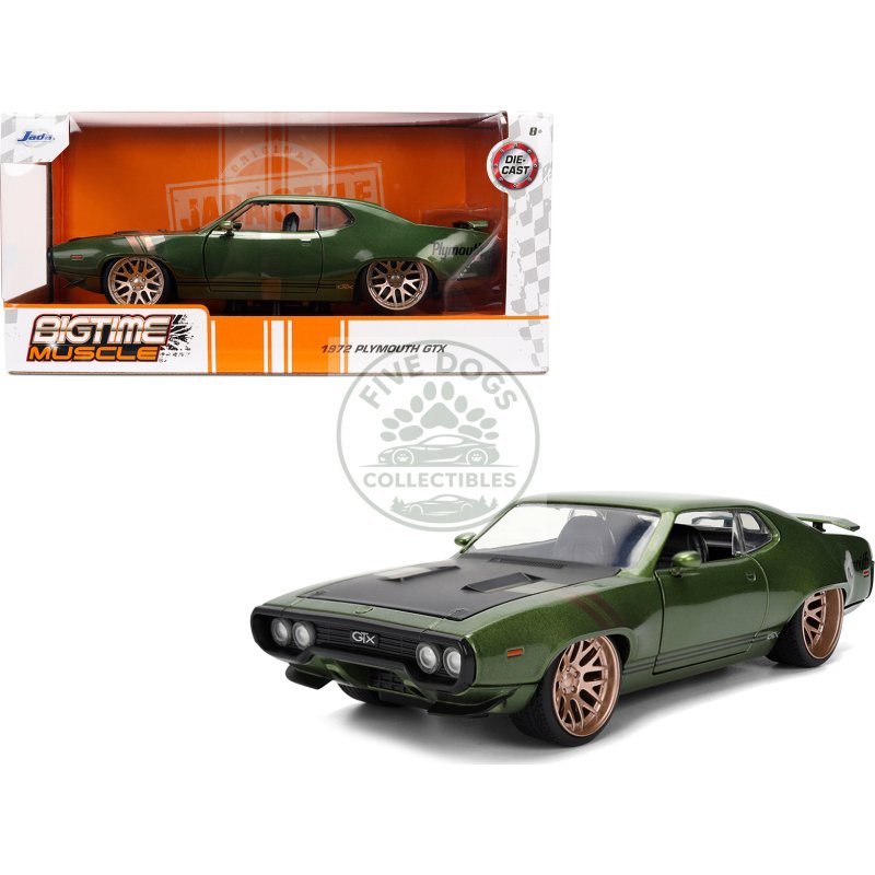 1972 plymouth gtx green metallic with matt black hood and gold stripes "bigtime muscle" series 1/24 diecast model car by jada