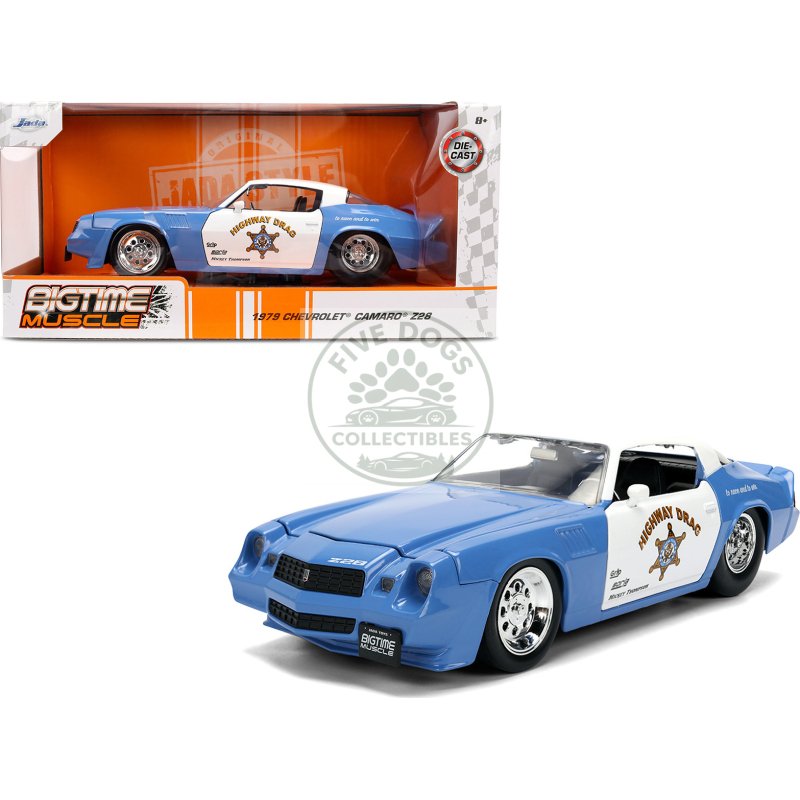 1979 chevrolet camaro z28 police "highway drag" blue and white "bigtime muscle" series 1/24 diecast model car by jada