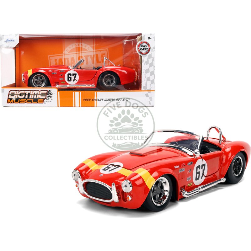 1965 shelby cobra 427 s/c #67 red with yellow stripe "bigtime muscle" series 1/24 diecast model car by jada