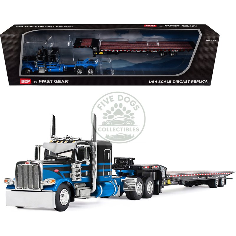 peterbilt 389 with 48" flat top sleeper and landoll 440b 50ca traveling axle trailer black with blue stripes 1/64 diecast model by dcp/first gear