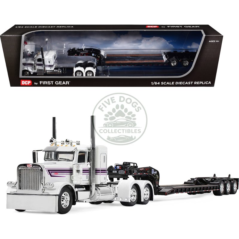 peterbilt 389 with 36" flat top sleeper and fontaine magnitude lowboy trailer white with black stripes 1/64 diecast model by dcp/first gear