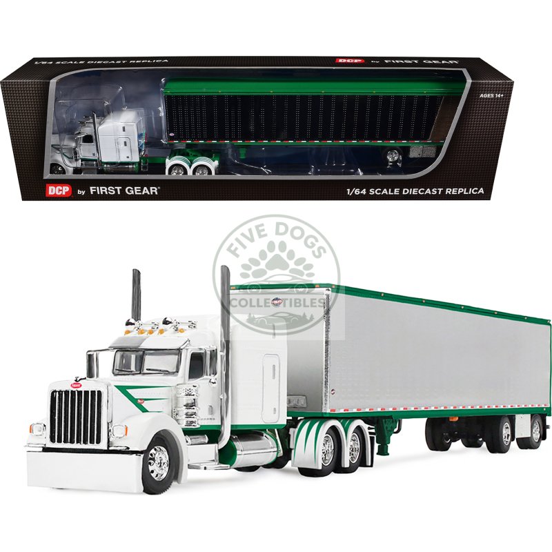peterbilt 389 with 63" mid roof sleeper and 53' utility trailer white with green stripes 1/64 diecast model by dcp/first gear