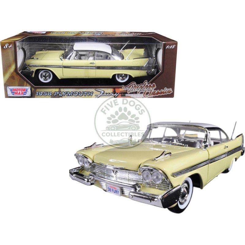 1958 plymouth fury "timeless classics" yellow with white top 1/18 diecast model car by motormax