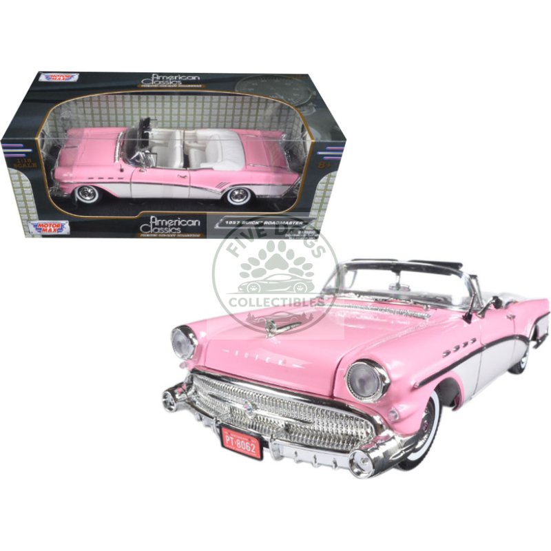 1957 buick roadmaster convertible pink and white 1/18 diecast model car by motormax