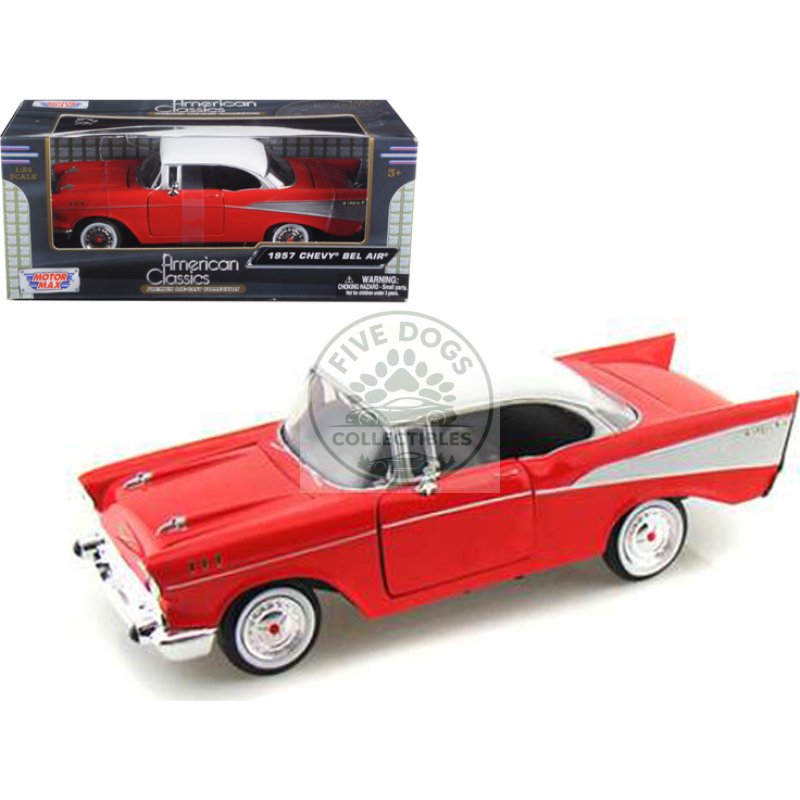 1957 chevrolet bel air red with white top 1/24 diecast model car by motormax