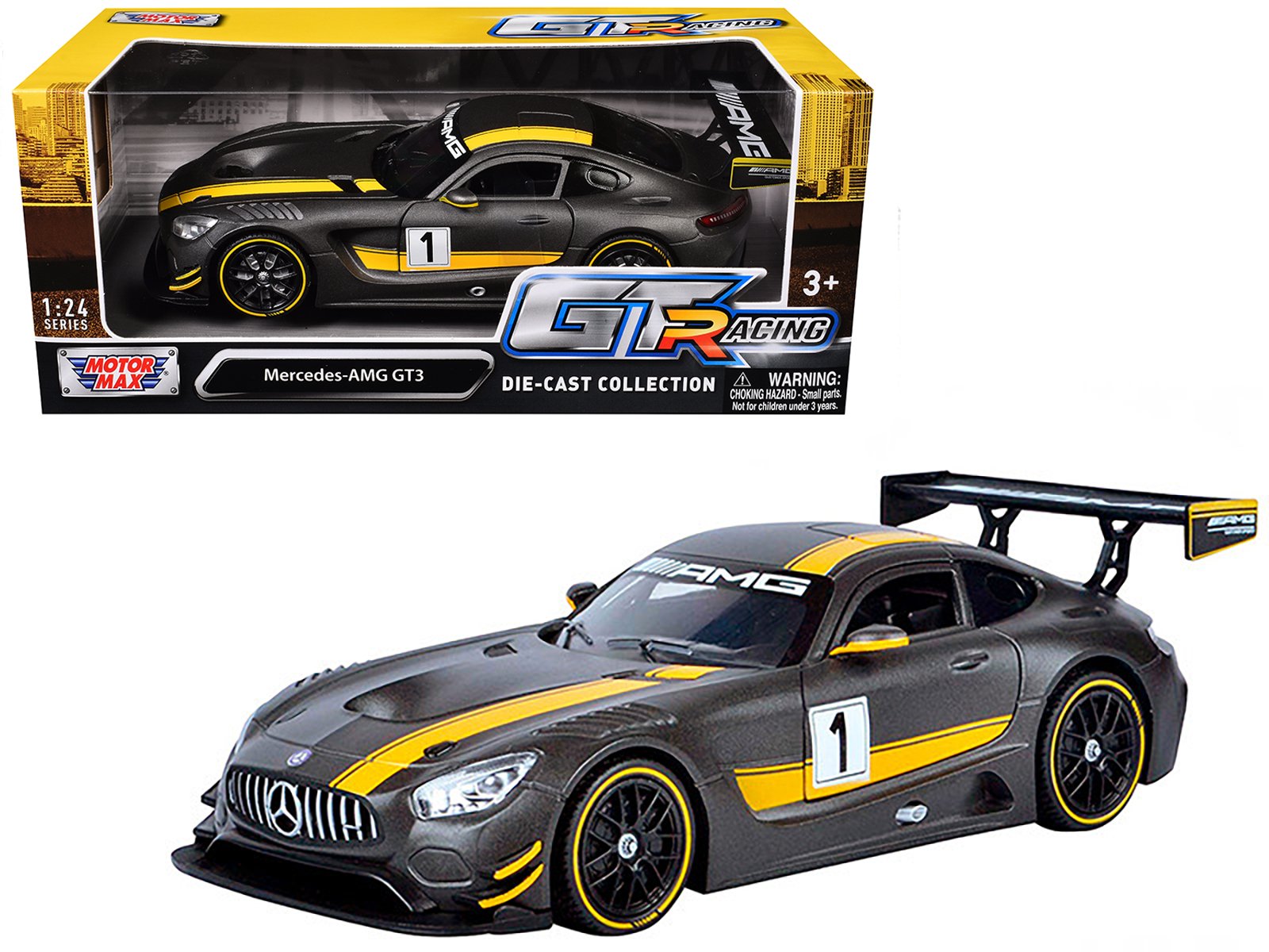 mercedes amg gt3 #1 matt gray with yellow stripes "gt racing" 1/24 diecast model car by motormax mercedes amg gt3 #1 matt gray with yellow stripes "gt racing" 1/24 diecast model car by motormax
