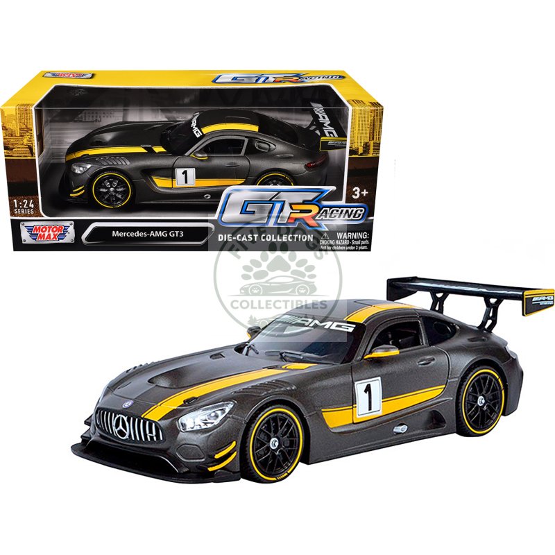 mercedes amg gt3 #1 matt gray with yellow stripes "gt racing" 1/24 diecast model car by motormax