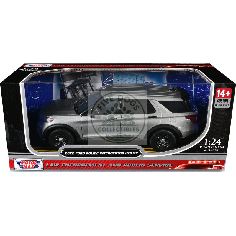 2022 ford police interceptor utility unmarked silver metallic "builder's kit" "law enforcement and public service" series 1/24 diecast model car by motormax