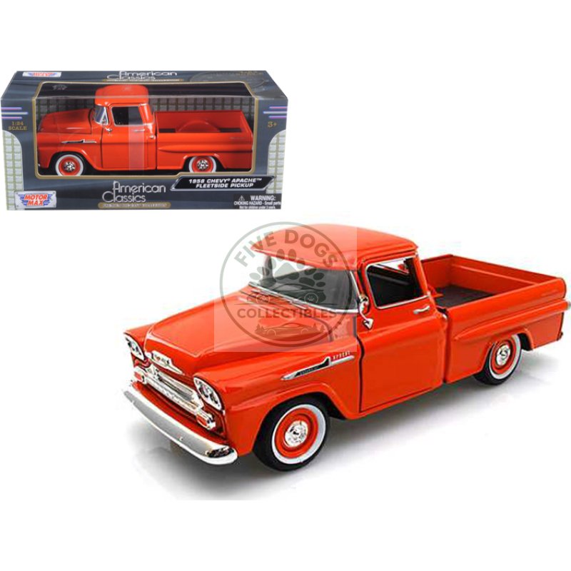 1958 chevrolet apache fleetside pickup truck orange 1/24 diecast model car by motormax