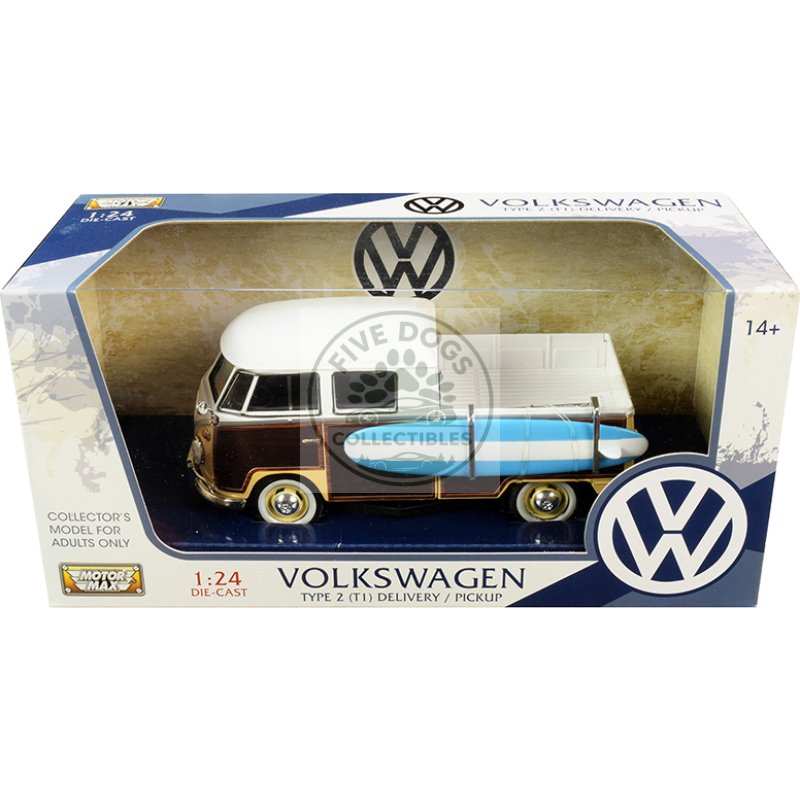 volkswagen type 2 (t1) pickup white and yellow with wood paneling with surfboard 1/24 diecast model car by motormax
