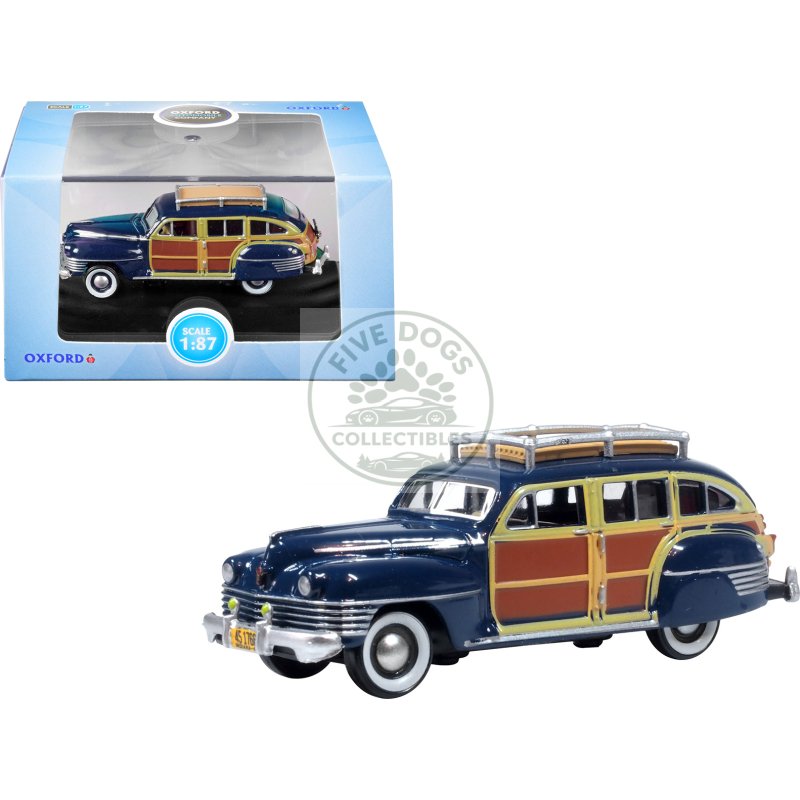 1942 chrysler town & country woody wagon south sea blue with wood panels and roof rack 1/87 (ho) scale diecast model car by oxford diecast