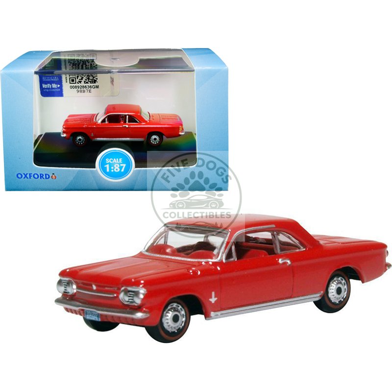 1963 chevrolet corvair coupe riverside red with red interior 1/87 (ho) scale diecast model car by oxford diecast