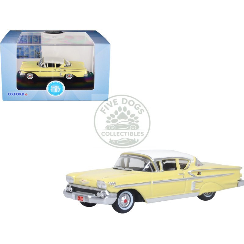 1958 chevrolet impala sport colonial cream with snowcrest white top 1/87 (ho) scale diecast model car by oxford diecast