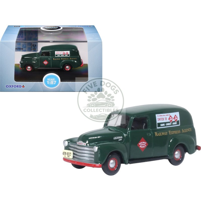 1950 chevrolet panel van "railway express agency" dark green 1/87 (ho) scale diecast model car by oxford diecast
