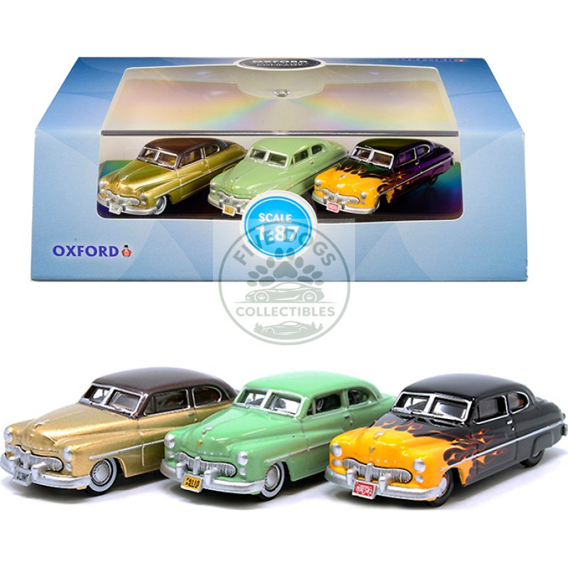 1949 mercury set of 3 cars "70th anniversary" 1/87 (ho) scale diecast model cars by oxford diecast