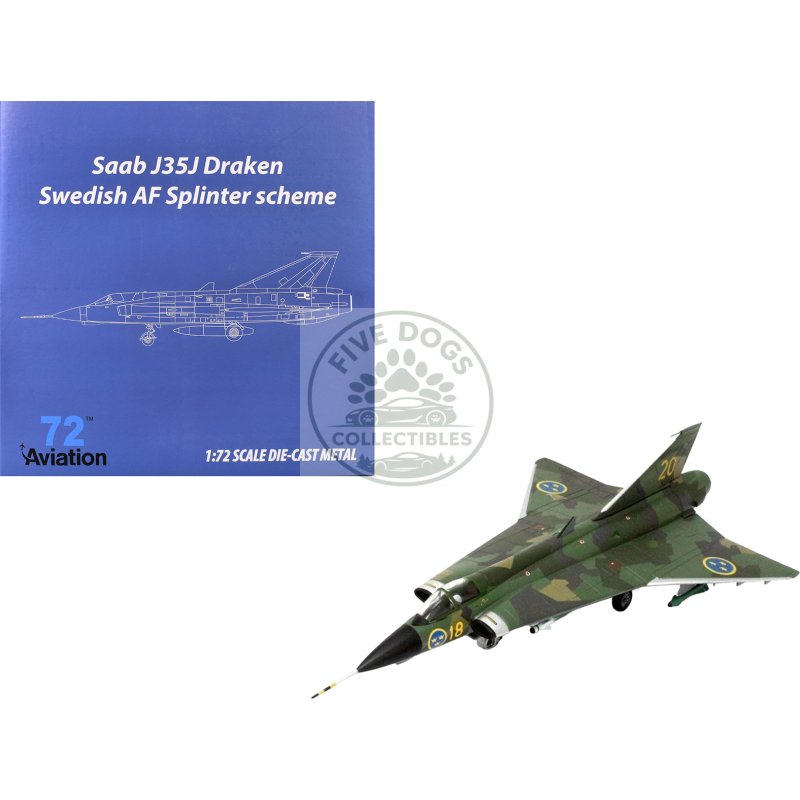 saab j35j draken fighter aircraft "splinter camouflage scheme f 18 sodertorn wing" (1972) swedish air force 1/72 diecast model airplane by aviation 72