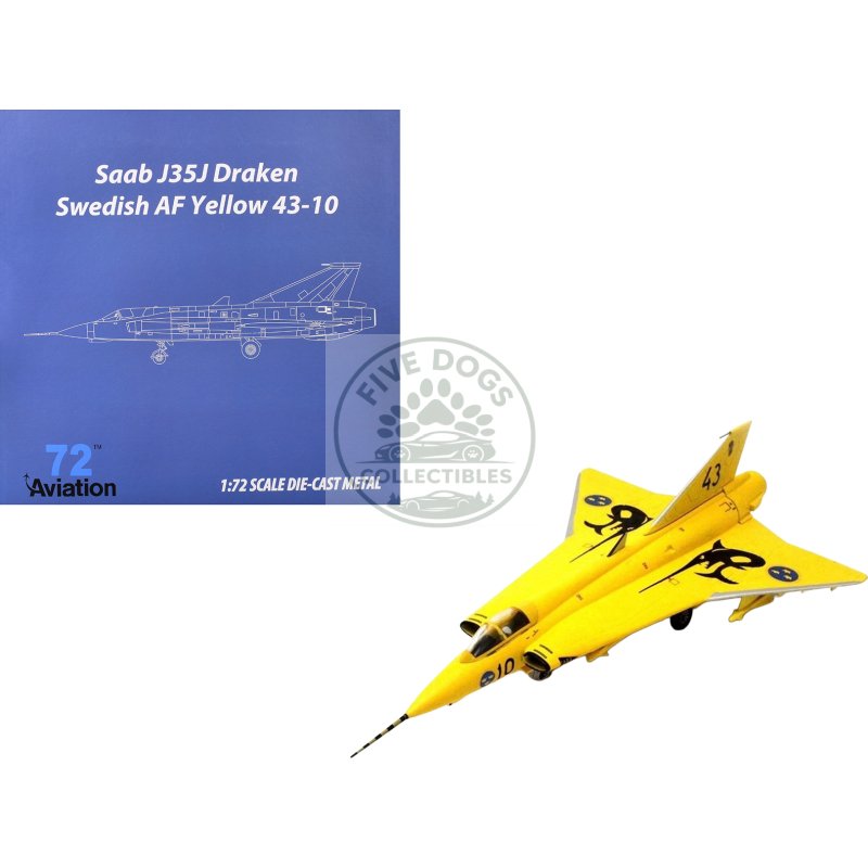 saab j35j draken fighter aircraft "43 10 3 "johan gul" squadron 10 wing final flight livery" (1997) swedish air force 1/72 diecast model airplane by aviation 72