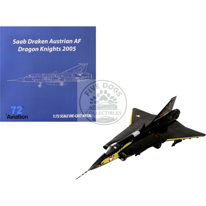 saab draken fighter aircraft "21 draken 45th anniversary dragon knights retirement livery" (2005) austrian air force 1/72 diecast model airplane by aviation 72