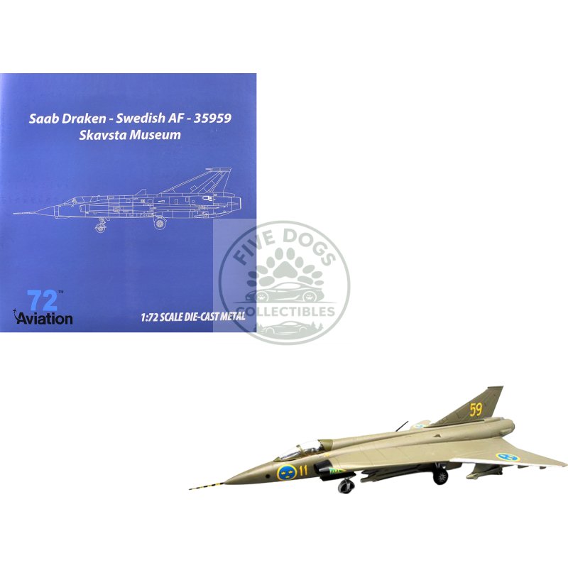 saab s35 draken fighter aircraft "59 f 11 wing skavsta museum" (1979) swedish air force 1/72 diecast model airplane by aviation 72