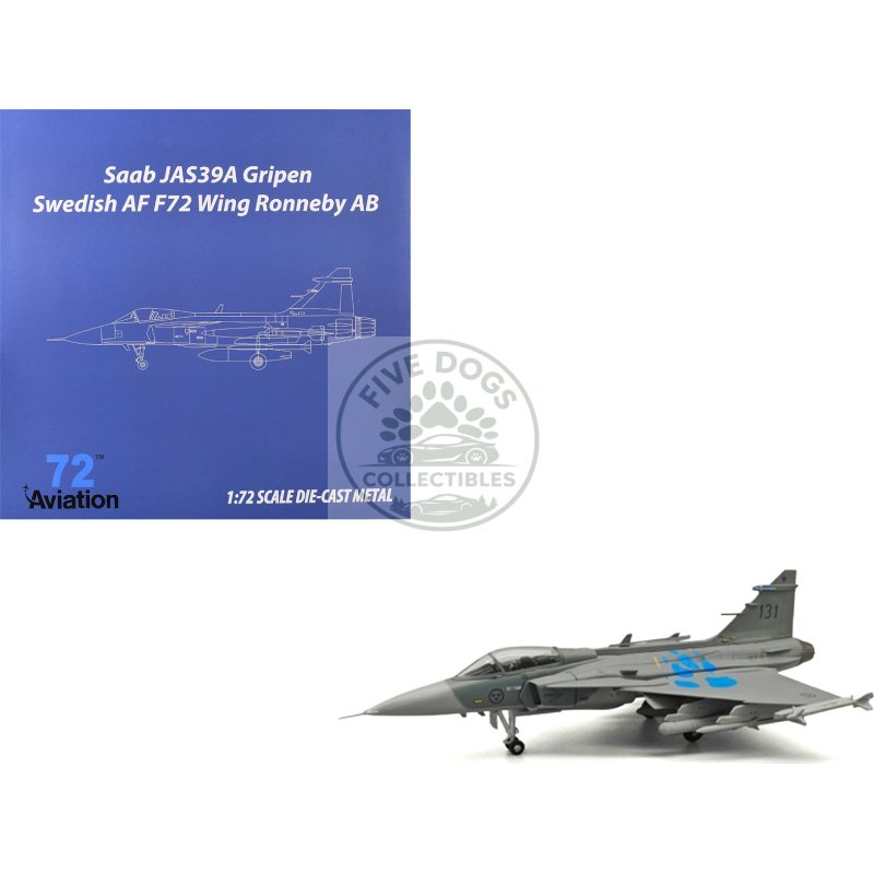 saab jas 39a gripen fighter aircraft "131 f 7 wing cat’s paw livery satenas air base" (2006) swedish air force 1/72 diecast model airplane by aviation 72