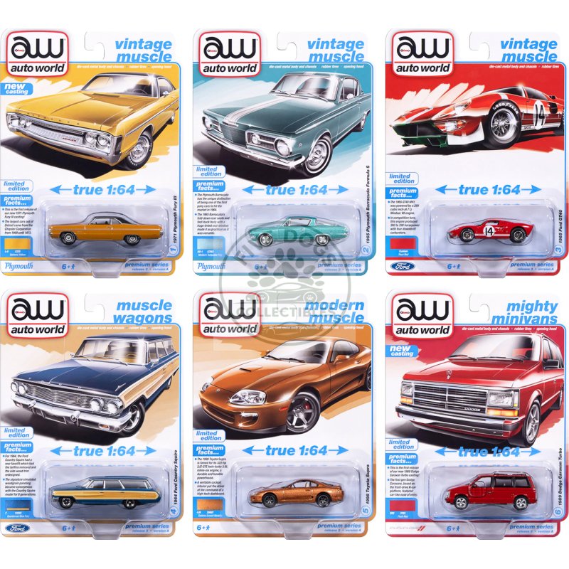 auto world premium 2025 release 3 set a of 6 pieces 1/64 diecast model cars by auto world