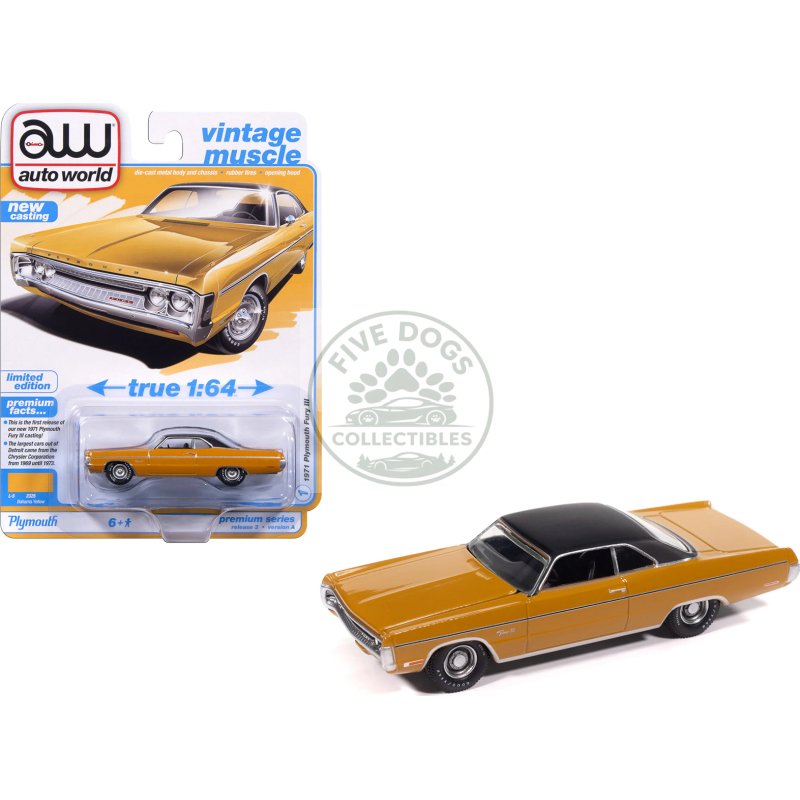 1971 plymouth fury iii bahama yellow with black top "vintage muscle" series 1/64 diecast model car by auto world