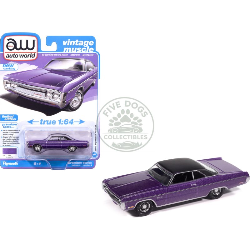 1971 plymouth fury iii in violet metallic with black top "vintage muscle" series 1/64 diecast model car by auto world