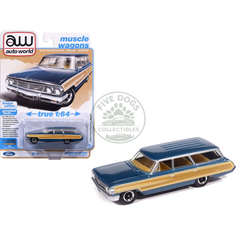 1964 ford country squire guardsman blue metallic with woodgrain sides "muscle wagons" series 1/64 diecast model car by auto world