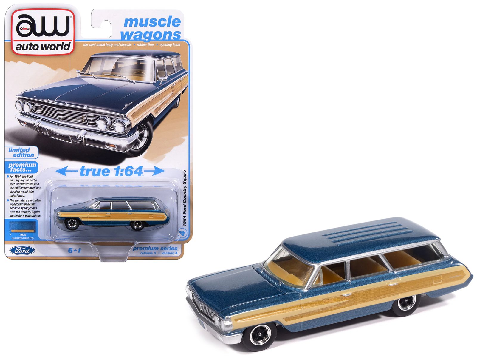 1964 ford country squire guardsman blue metallic with woodgrain sides "muscle wagons" series 1/64 diecast model car by auto world 1964 ford country squire guardsman blue metallic with woodgrain sides "muscle wagons" series 1/64 diecast model car by auto world