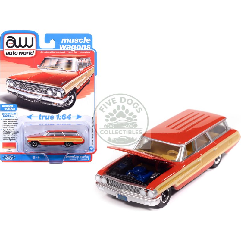 1964 ford country squire poppy red with woodgrain sides "muscle wagons" series 1/64 diecast model car by auto world