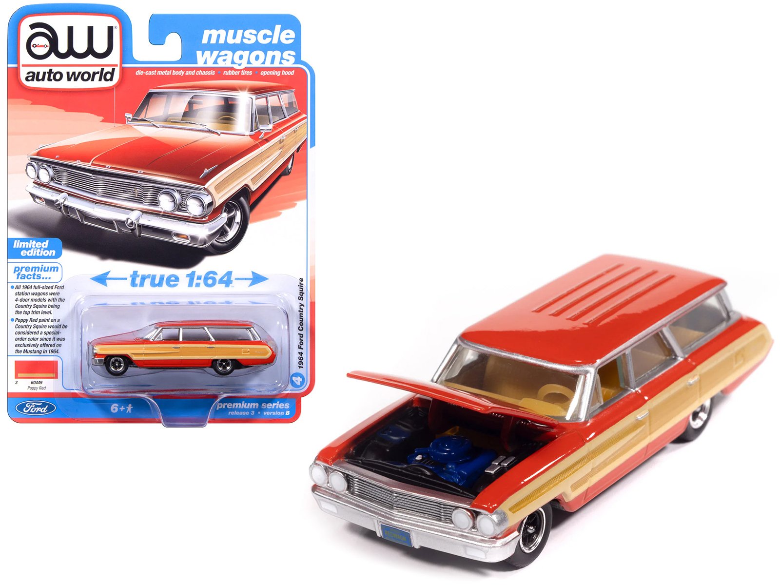 1964 ford country squire poppy red with woodgrain sides "muscle wagons" series 1/64 diecast model car by auto world 1964 ford country squire poppy red with woodgrain sides "muscle wagons" series 1/64 diecast model car by auto world