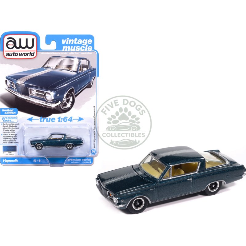 1965 plymouth barracuda formula s dark blue metallic with silver stripe "vintage muscle" series 1/64 diecast model car by auto world