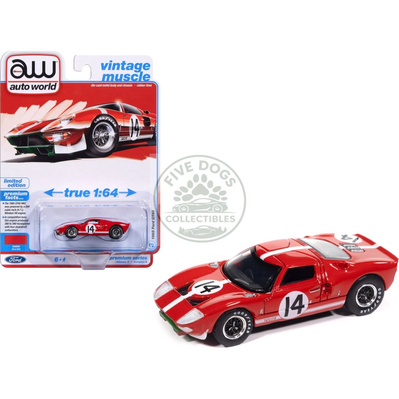 1965 ford gt40 #14 red with white stripes "vintage muscle" series 1/64 diecast model car by auto world