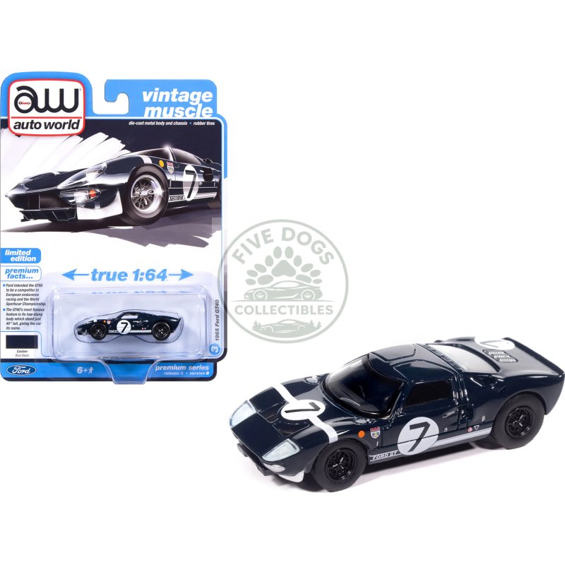 1965 ford gt40 #7 blue black with white stripes "vintage muscle" series 1/64 diecast model car by auto world