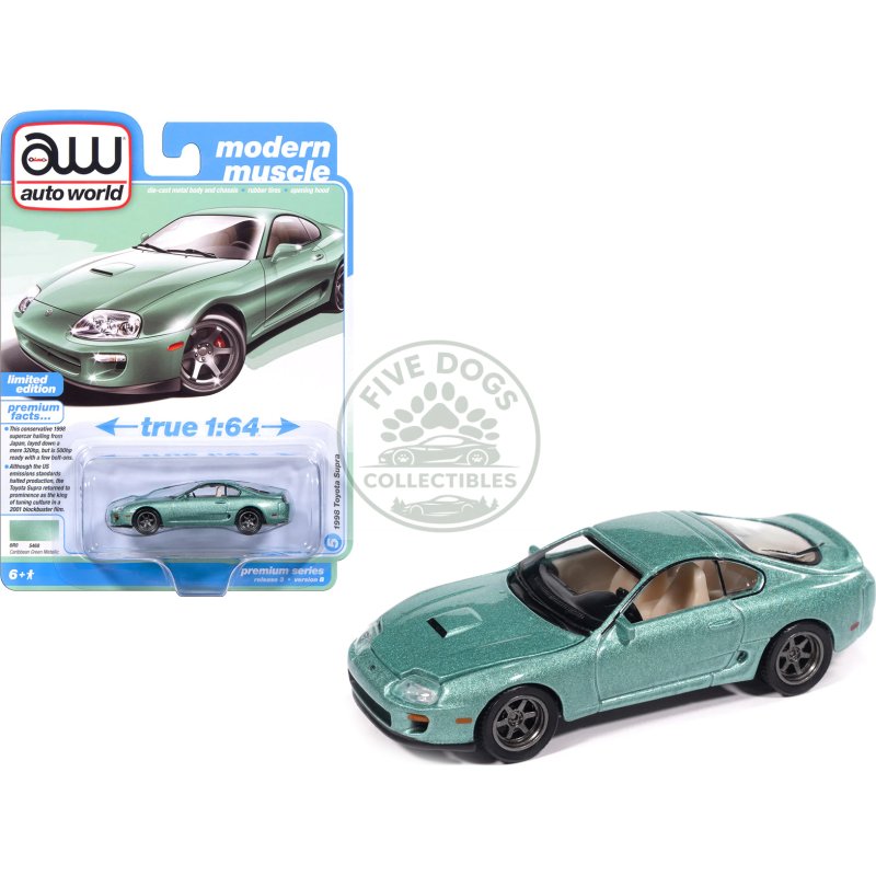 1998 toyota supra caribbean green metallic "modern muscle" series 1/64 diecast model car by auto world