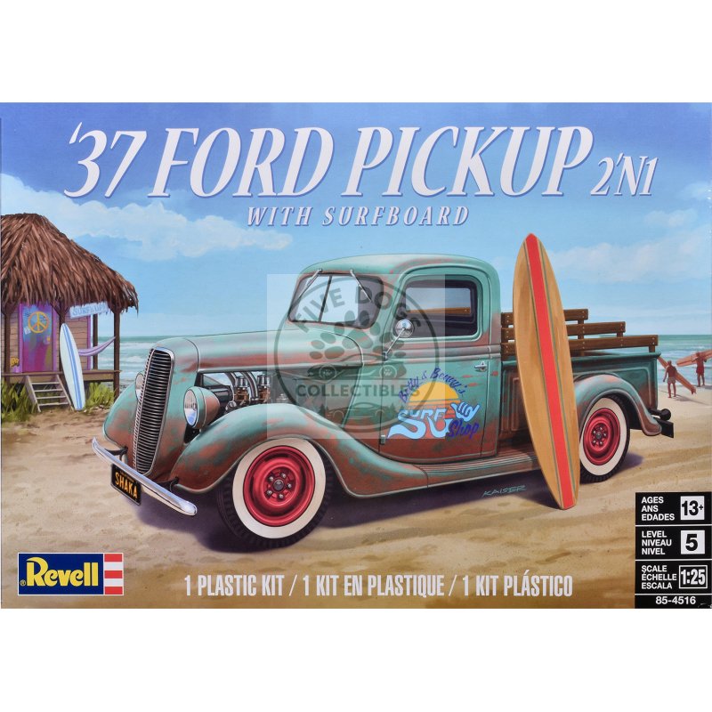 level 5 model kit 1937 ford pickup truck with surfboard 2 in 1 kit 1/25 scale model by revell