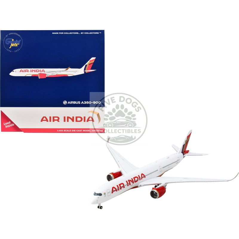 airbus a350 900 commercial aircraft "air india" (vt jrh) white with tail graphics 1/400 diecast model airplane by geminijets