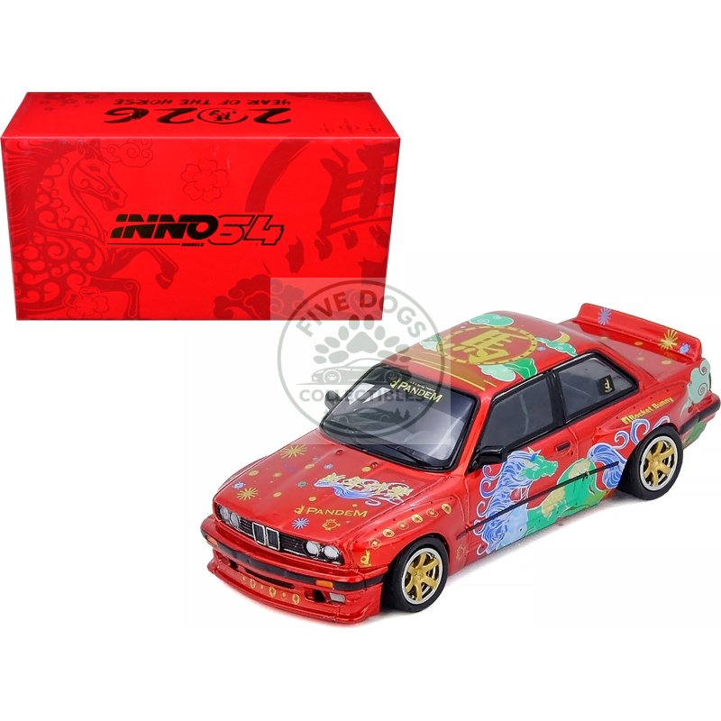 pandem rocket bunny e30 "year of the horse chinese new year 2026 special edition" red metallic with graphics limited edition to 8888 pieces worldwide 1/64 diecast model car by inno models