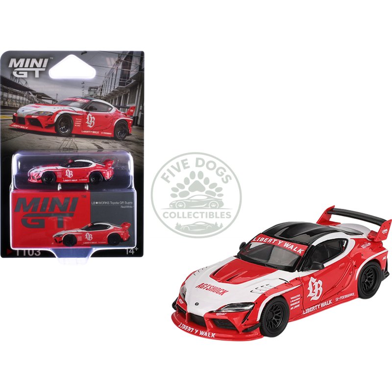 toyota gr supra "lb works" red with white stripes and black top limited edition 1/64 diecast model car by mini gt