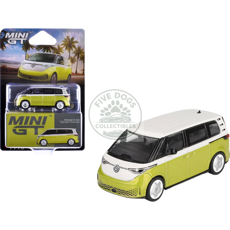 volkswagen id. buzz van pomelo yellow metallic and candy white limited edition 1/64 diecast model car by mini gt